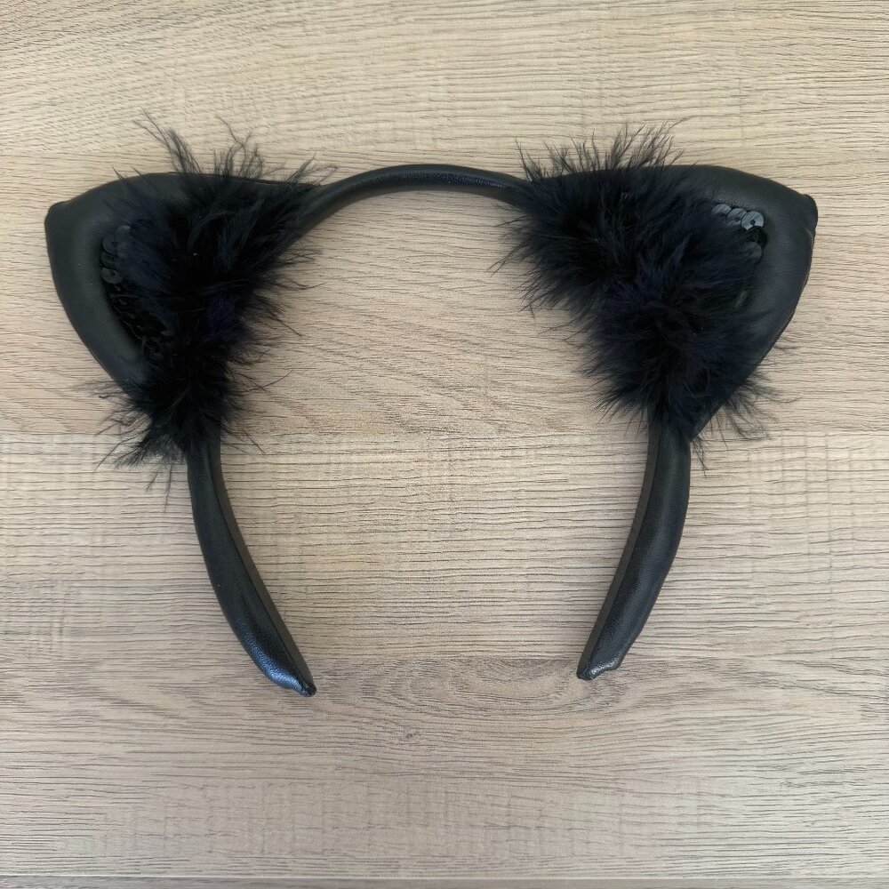 CLAIRE'S Black Faux Leather Cat Ear Headband Feather Sequin Halloween Costume